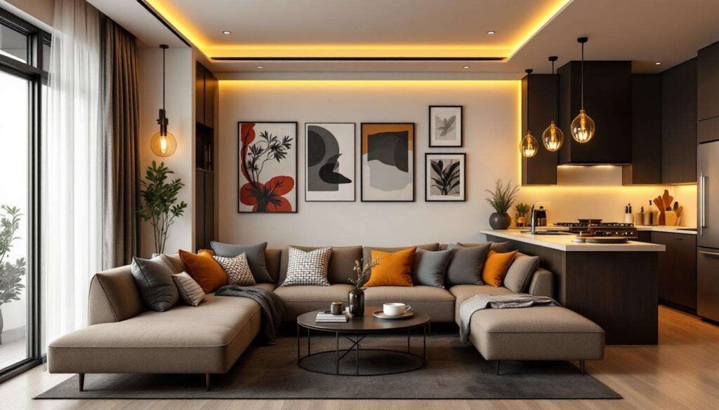 Modernes Interieur mit gemütlichem Wohnzimmer und eleganter Küche