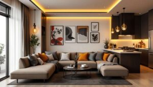 Modernes Interieur mit gemütlichem Wohnzimmer und eleganter Küche